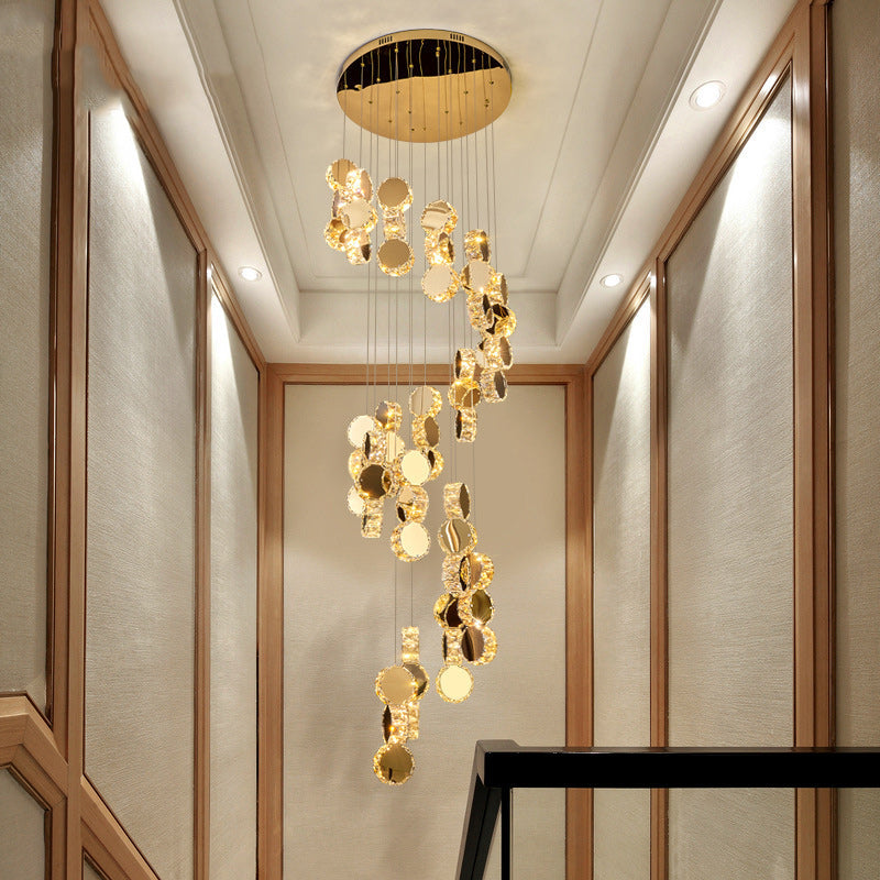 Modern Luxury Spiral Staircase Hanging Long Round Crystal Stainless Steel Loft LED Chandelier For Living Room