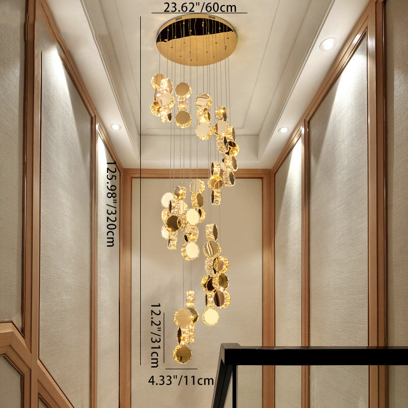 Modern Luxury Spiral Staircase Hanging Long Round Crystal Stainless Steel Loft LED Chandelier For Living Room