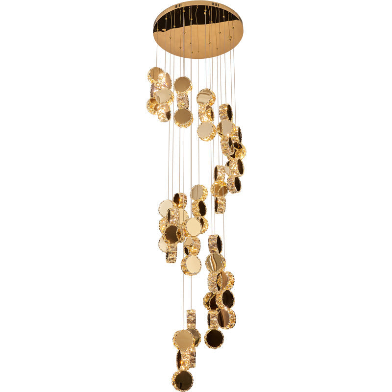 Modern Luxury Spiral Staircase Hanging Long Round Crystal Stainless Steel Loft LED Chandelier For Living Room