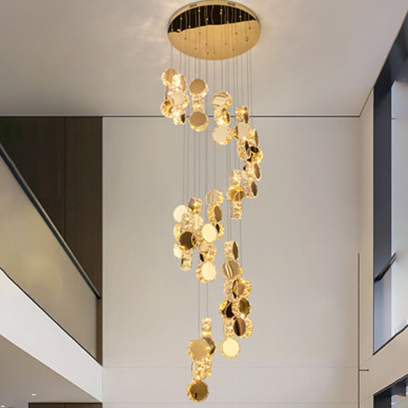Modern Luxury Spiral Staircase Hanging Long Round Crystal Stainless Steel Loft LED Chandelier For Living Room