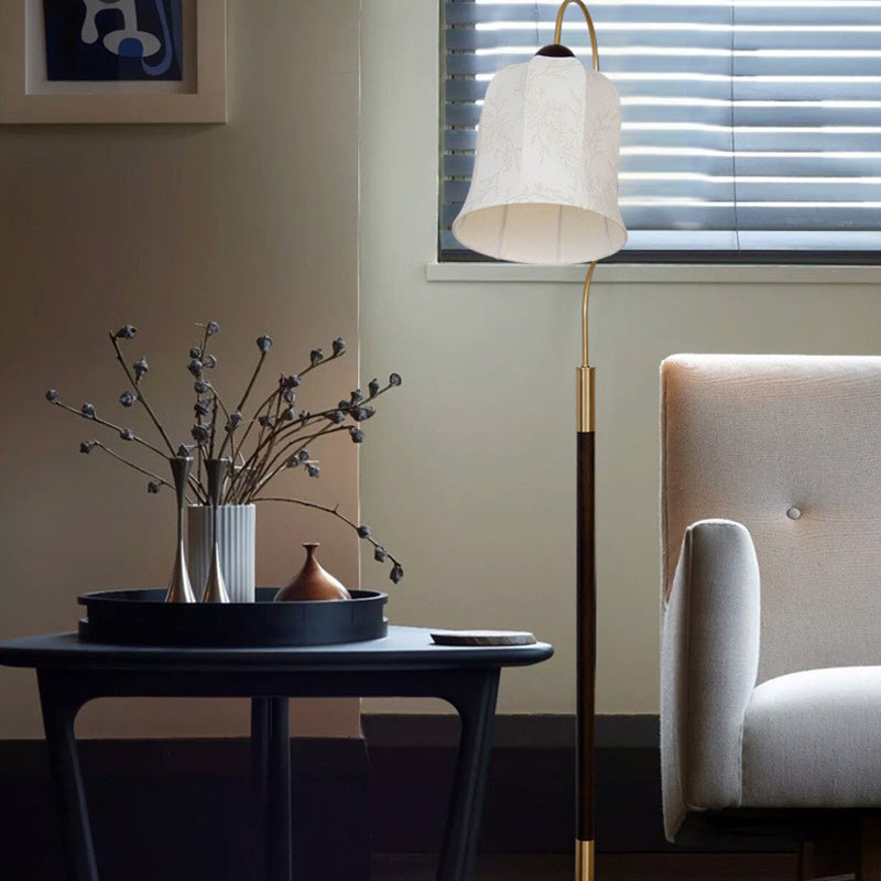 Traditional Vintage Curved Round Base Fabric Wood 1-Light Standing Floor Lamp For Living Room