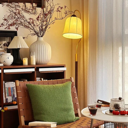 Traditional Vintage Curved Round Base Fabric Wood 1-Light Standing Floor Lamp For Living Room