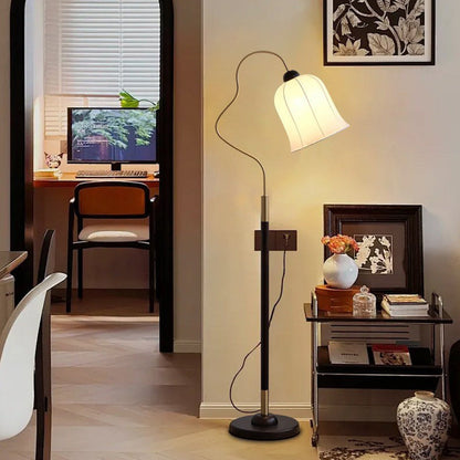 Traditional Vintage Curved Round Base Fabric Wood 1-Light Standing Floor Lamp For Living Room