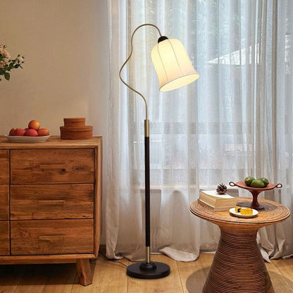 Traditional Vintage Curved Round Base Fabric Wood 1-Light Standing Floor Lamp For Living Room