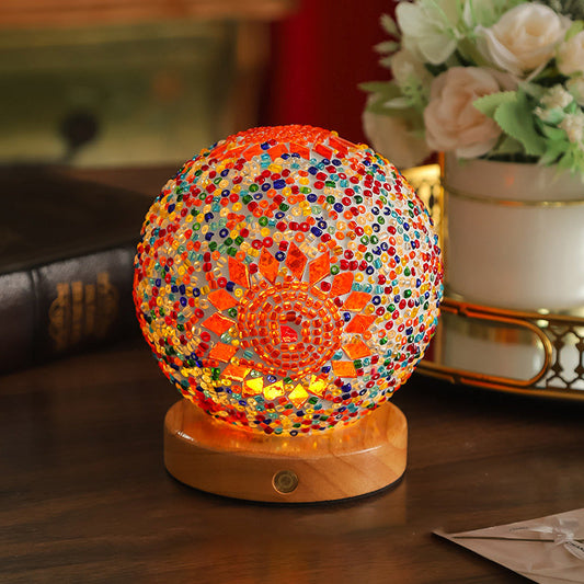 Contemporary Creative Bohemian Wood Base Colorful Glass Ball Decorative USB LED Table Lamp For Bedroom