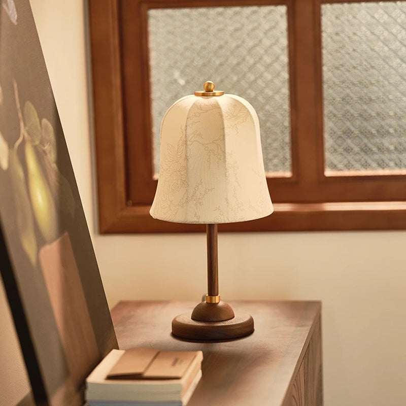 Traditional Vintage Metal Wood Printed Flared Fabric Dome Frame 1-Light Table Lamp For Bedroom