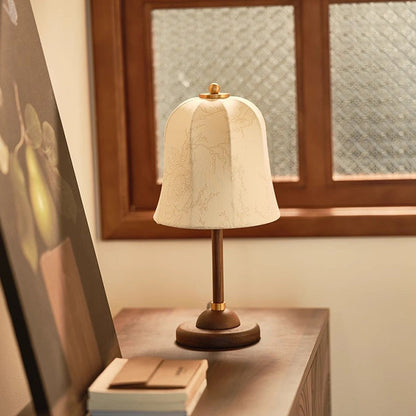 Traditional Vintage Metal Wood Printed Flared Fabric Dome Frame 1-Light Table Lamp For Bedroom