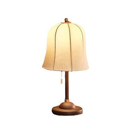 Traditional Vintage Metal Wood Printed Flared Fabric Dome Frame 1-Light Table Lamp For Bedroom