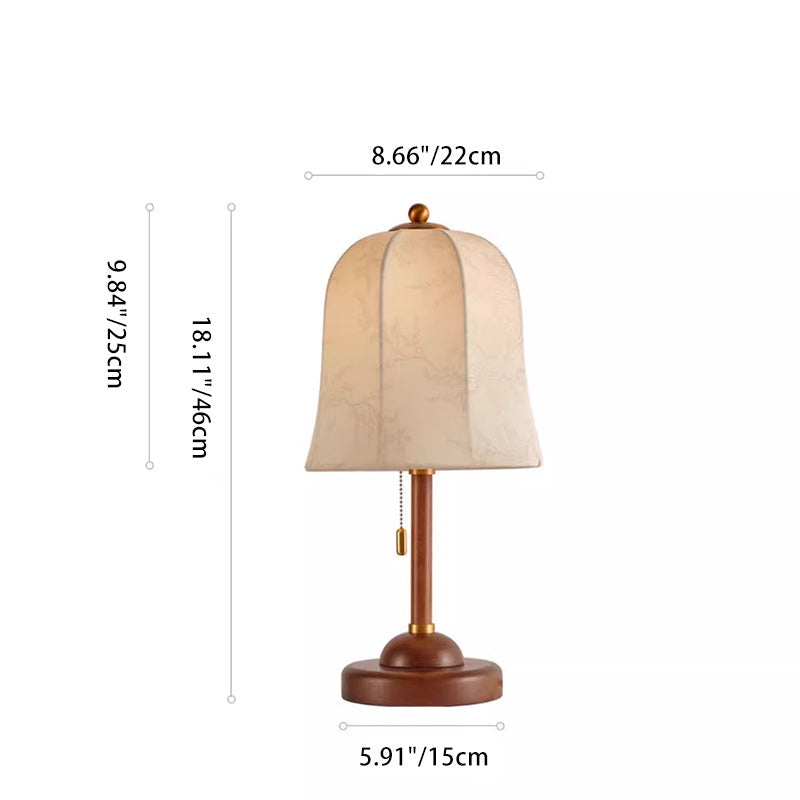 Traditional Vintage Metal Wood Printed Flared Fabric Dome Frame 1-Light Table Lamp For Bedroom