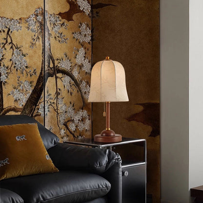 Traditional Vintage Metal Wood Printed Flared Fabric Dome Frame 1-Light Table Lamp For Bedroom