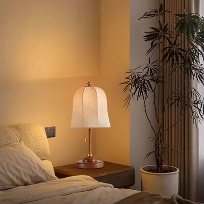 Traditional Vintage Metal Wood Printed Flared Fabric Dome Frame 1-Light Table Lamp For Bedroom