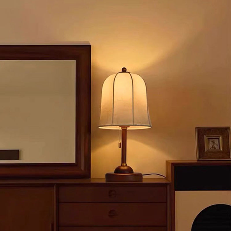 Traditional Vintage Metal Wood Printed Flared Fabric Dome Frame 1-Light Table Lamp For Bedroom