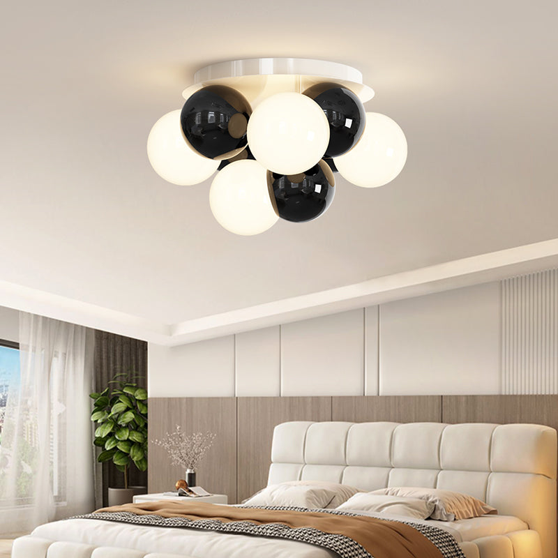 Contemporary Nordic Kids Iron Glass Ball Round Base 5-Light Semi-Flush Mount Ceiling Light For Bedroom