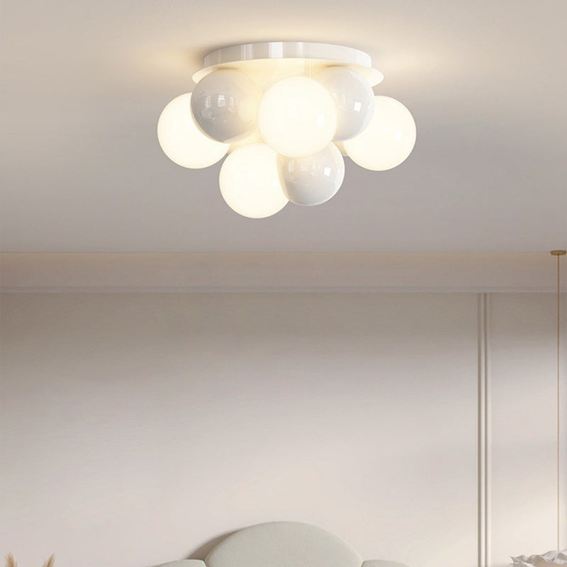 Contemporary Nordic Kids Iron Glass Ball Round Base 5-Light Semi-Flush Mount Ceiling Light For Bedroom