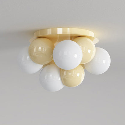 Contemporary Nordic Kids Iron Glass Ball Round Base 5-Light Semi-Flush Mount Ceiling Light For Bedroom