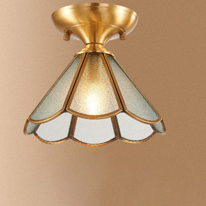 Modern Luxury Flower Cone Frosted Diamond Glass Brass Finish Frame 1/3-Light Semi-Flush Mount Ceiling Light For Living Room