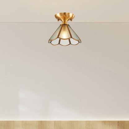 Modern Luxury Flower Cone Frosted Diamond Glass Brass Finish Frame 1/3-Light Semi-Flush Mount Ceiling Light For Living Room