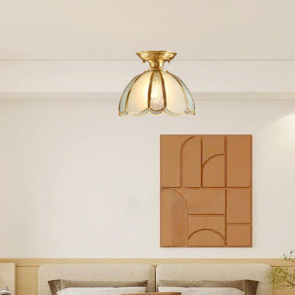 Modern Luxury Flower Cone Frosted Diamond Glass Brass Finish Frame 1/3-Light Semi-Flush Mount Ceiling Light For Living Room