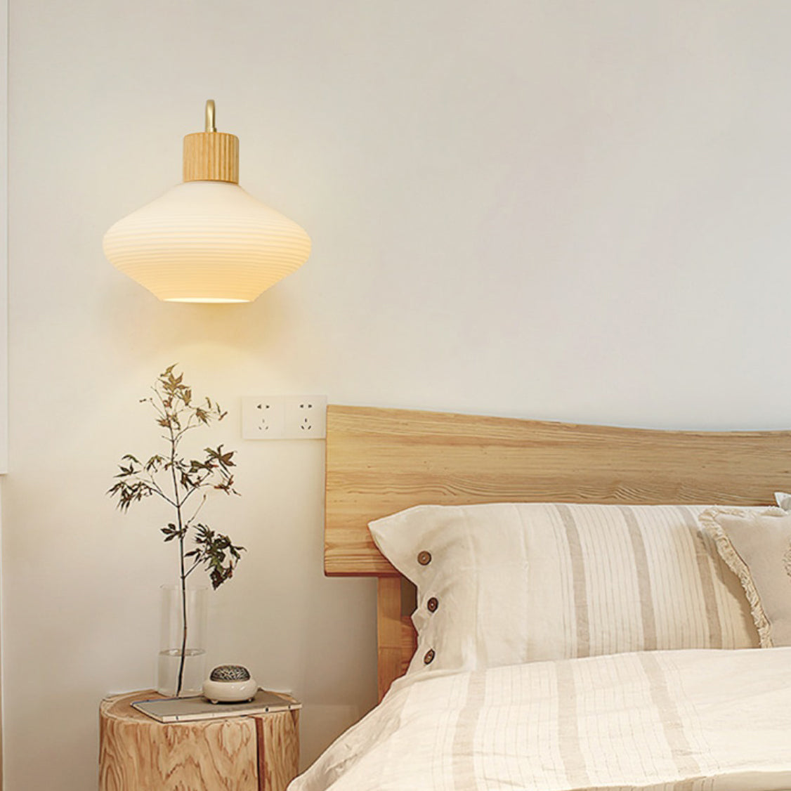 Contemporary Nordic Oval Striped Glass Wood 1-Light Wall Sconce Lamp For Living Room