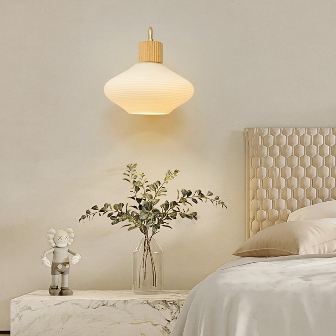 Contemporary Nordic Oval Striped Glass Wood 1-Light Wall Sconce Lamp For Living Room