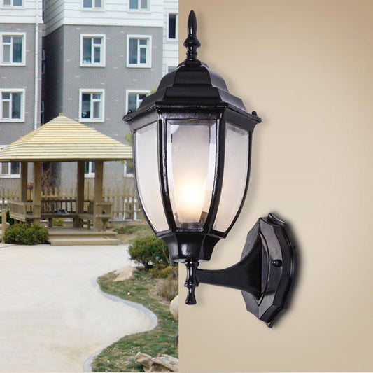 Contemporary Retro Waterproof Hexagonal Cage Aluminum Frosted Clear Glass 1-Light Wall Sconce Lamp For Outdoor Patio