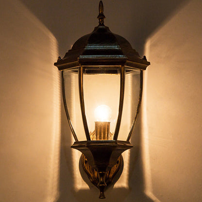 Contemporary Retro Waterproof Hexagonal Cage Aluminum Frosted Clear Glass 1-Light Wall Sconce Lamp For Outdoor Patio