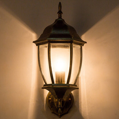 Contemporary Retro Waterproof Hexagonal Cage Aluminum Frosted Clear Glass 1-Light Wall Sconce Lamp For Outdoor Patio