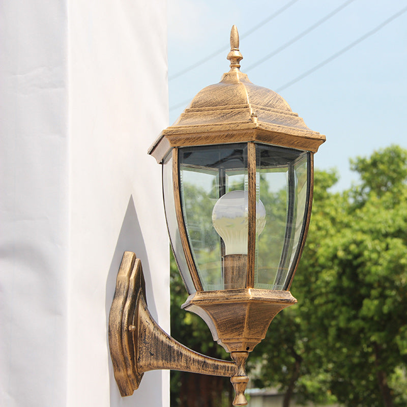 Contemporary Retro Waterproof Hexagonal Cage Aluminum Frosted Clear Glass 1-Light Wall Sconce Lamp For Outdoor Patio