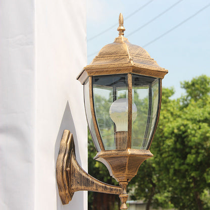 Contemporary Retro Waterproof Hexagonal Cage Aluminum Frosted Clear Glass 1-Light Wall Sconce Lamp For Outdoor Patio