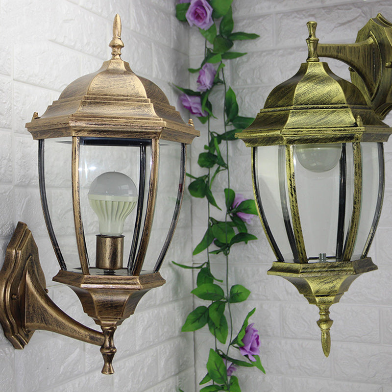 Contemporary Retro Waterproof Hexagonal Cage Aluminum Frosted Clear Glass 1-Light Wall Sconce Lamp For Outdoor Patio