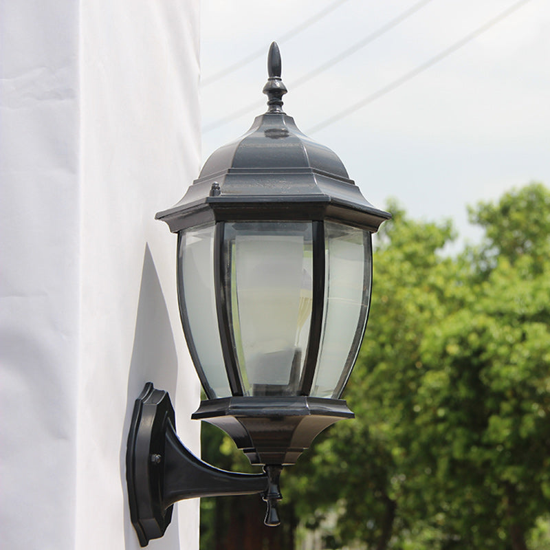Contemporary Retro Waterproof Hexagonal Cage Aluminum Frosted Clear Glass 1-Light Wall Sconce Lamp For Outdoor Patio