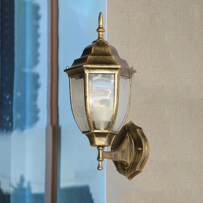 Contemporary Retro Waterproof Hexagonal Cage Aluminum Frosted Clear Glass 1-Light Wall Sconce Lamp For Outdoor Patio