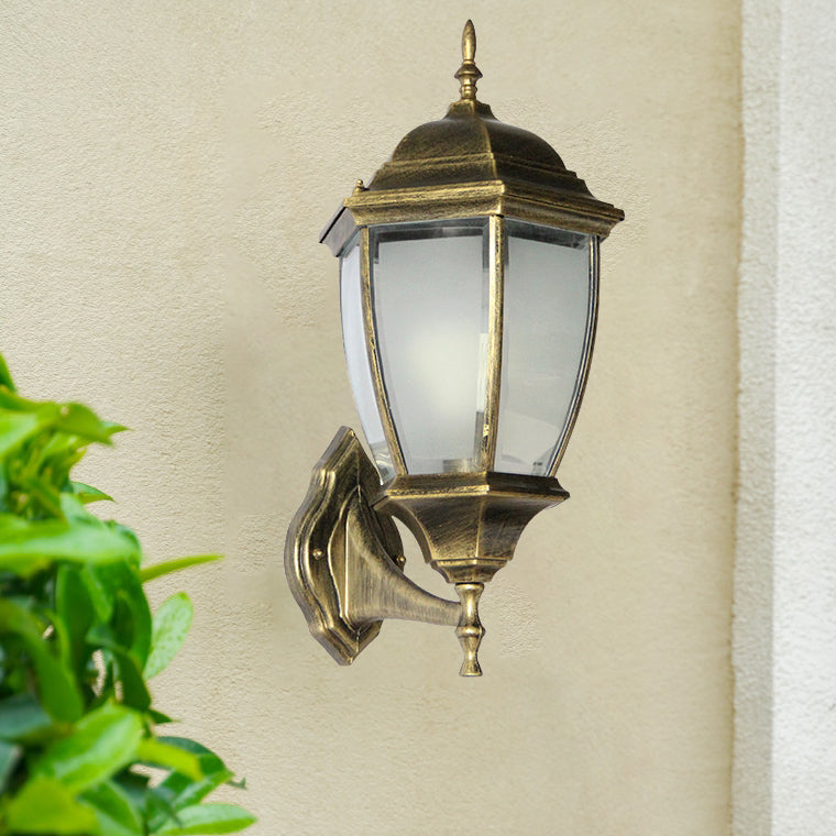 Contemporary Retro Waterproof Hexagonal Cage Aluminum Frosted Clear Glass 1-Light Wall Sconce Lamp For Outdoor Patio