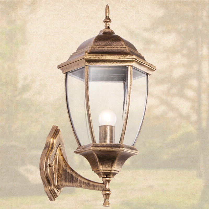 Contemporary Retro Waterproof Hexagonal Cage Aluminum Frosted Clear Glass 1-Light Wall Sconce Lamp For Outdoor Patio
