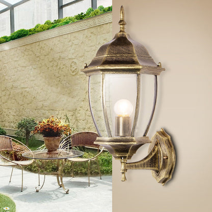 Contemporary Retro Waterproof Hexagonal Cage Aluminum Frosted Clear Glass 1-Light Wall Sconce Lamp For Outdoor Patio