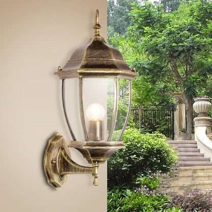Contemporary Retro Waterproof Hexagonal Cage Aluminum Frosted Clear Glass 1-Light Wall Sconce Lamp For Outdoor Patio