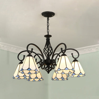 Traditional Tiffany Conical Stained Glass Iron Hardware 3/5/6/8-Light Chandelier For Living Room