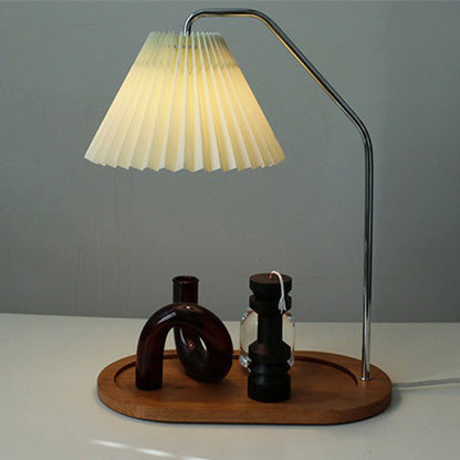 Traditional Vintage Umbrella Round Pleated Fabric Wood USB 1-Light Table Lamp For Living Room