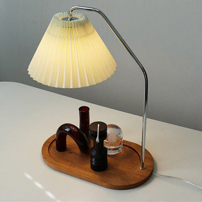 Traditional Vintage Umbrella Round Pleated Fabric Wood USB 1-Light Table Lamp For Living Room