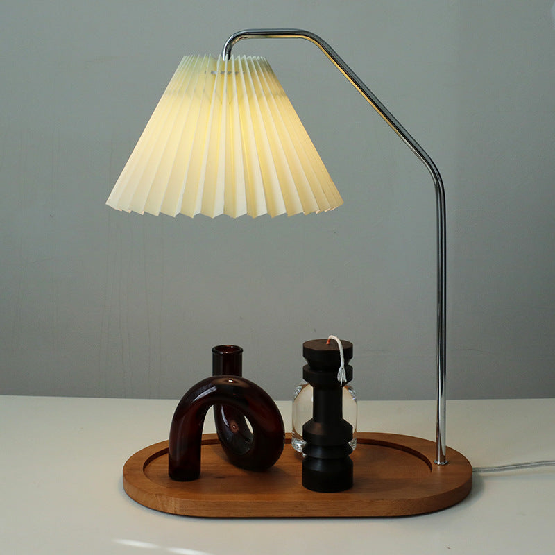 Traditional Vintage Umbrella Round Pleated Fabric Wood USB 1-Light Table Lamp For Living Room