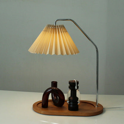 Traditional Vintage Umbrella Round Pleated Fabric Wood USB 1-Light Table Lamp For Living Room