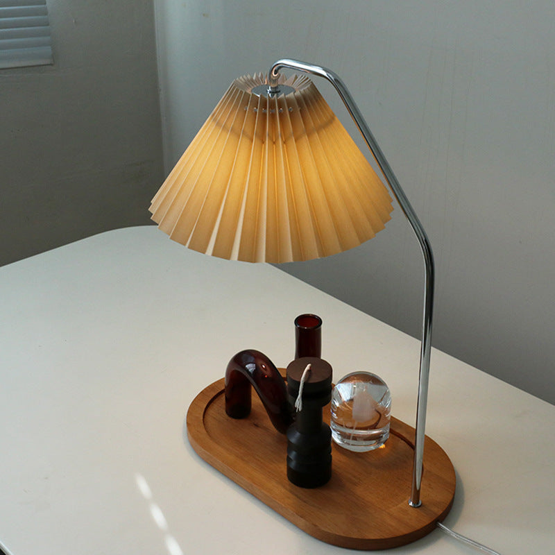 Traditional Vintage Umbrella Round Pleated Fabric Wood USB 1-Light Table Lamp For Living Room