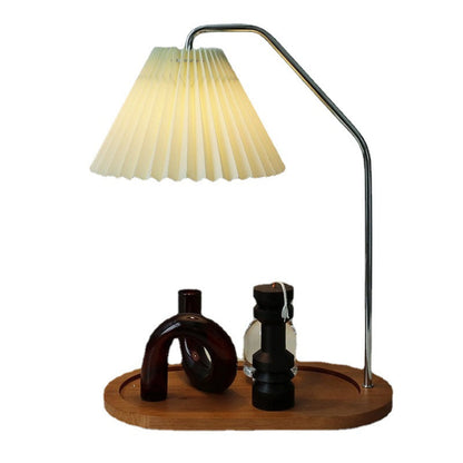 Traditional Vintage Umbrella Round Pleated Fabric Wood USB 1-Light Table Lamp For Living Room
