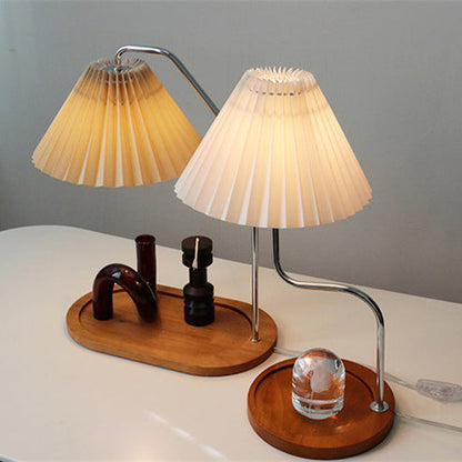 Traditional Vintage Umbrella Round Pleated Fabric Wood USB 1-Light Table Lamp For Living Room