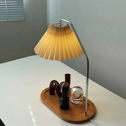 Traditional Vintage Umbrella Round Pleated Fabric Wood USB 1-Light Table Lamp For Living Room