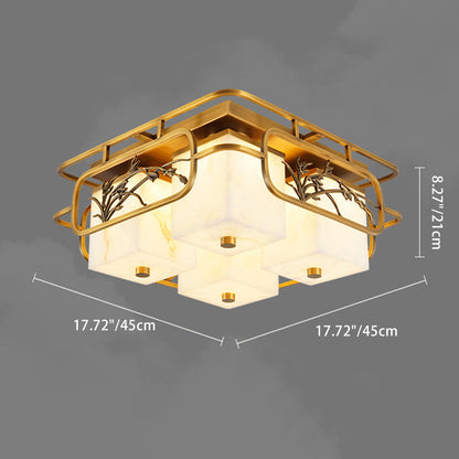 Traditional Chinese Marble Brass Square Rectangular LED Flush Mount Ceiling Light For Living Room