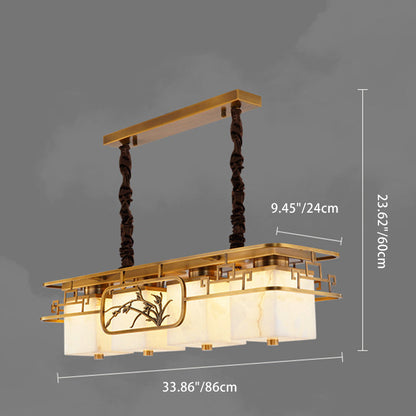 Traditional Chinese Marble Brass Rectangular Square LED Chandelier For Dining Room