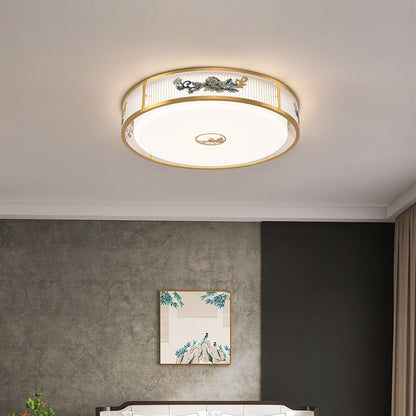 Traditional Chinese Embroidered Peony Round Rectangle Square Acrylic LED Flush Mount Ceiling Light For Living Room