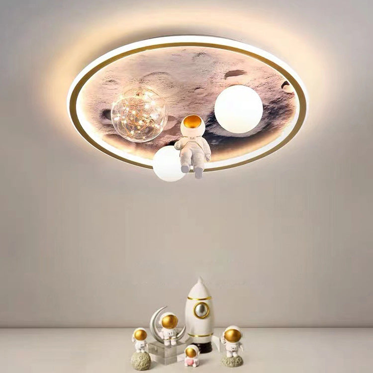 Contemporary Creative Cartoon Moon Astronaut Round Iron Resin Glass LED Kids Flush Mount Ceiling Light For Bedroom