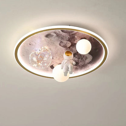 Contemporary Creative Cartoon Moon Astronaut Round Iron Resin Glass LED Kids Flush Mount Ceiling Light For Bedroom